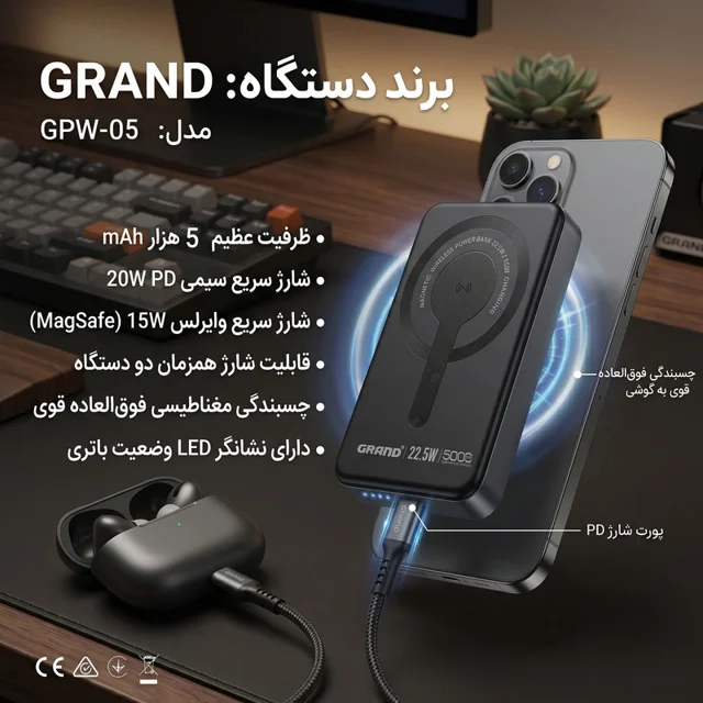 پاوربانک بی‌سیم 22.5 وات گرند اسکای مدل مگ سیف GPW-05 ظرفیت 5000 میلی‌ آمپرساعت 101801714