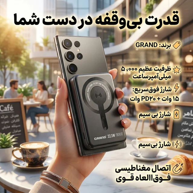 پاوربانک بی‌سیم 22.5 وات گرند اسکای مدل مگ سیف GPW-05 ظرفیت 5000 میلی‌ آمپرساعت 101801715